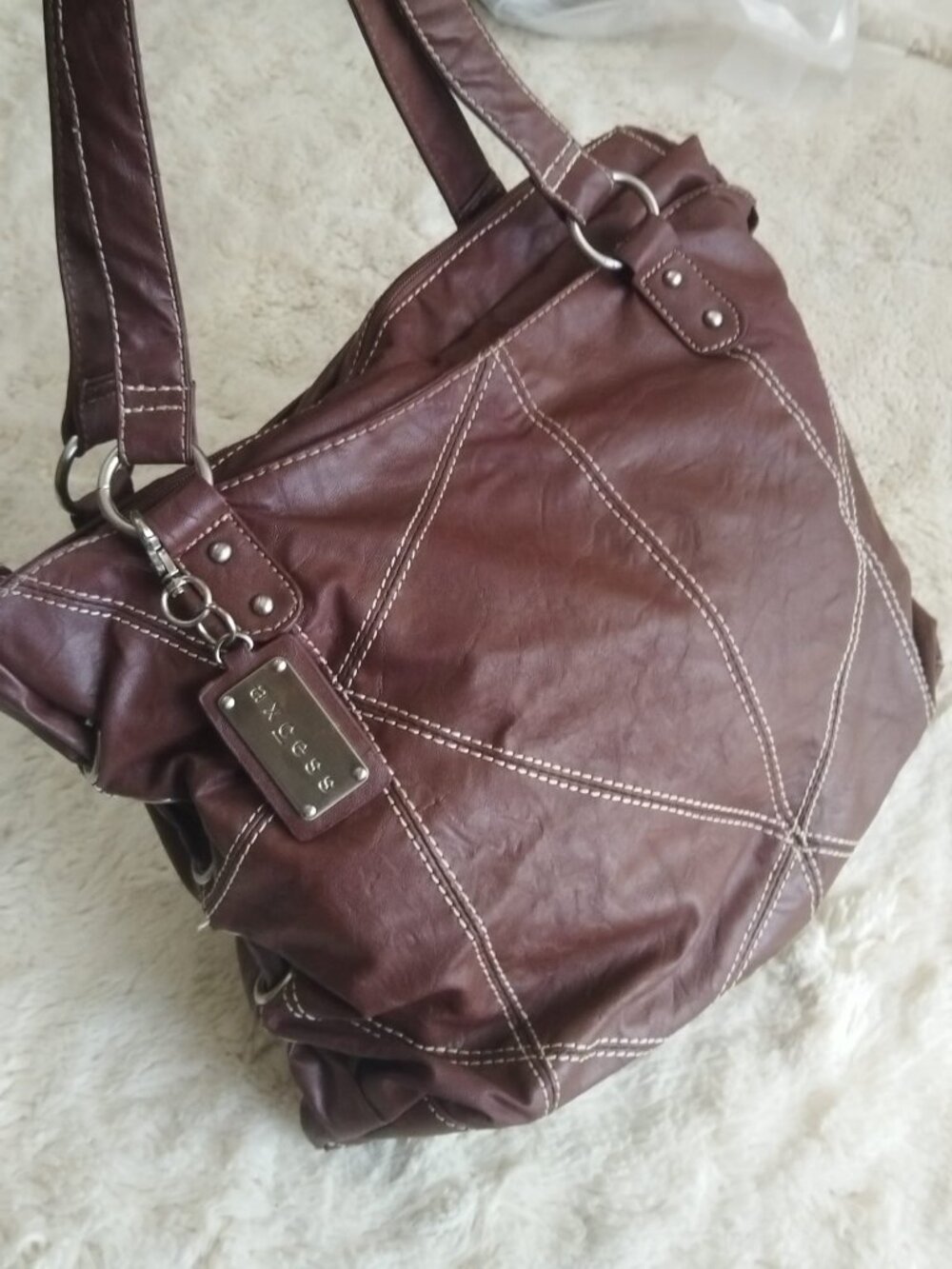 Axcess Chocolate Brown Faux Leather Shoulder Bag White Contrast Stitch